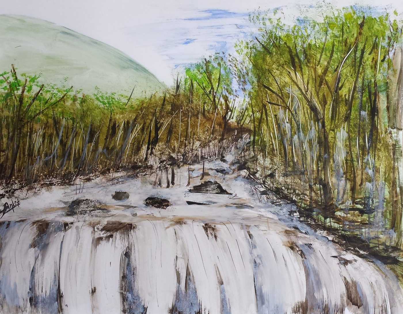 Waterfall — original painting by Pradeep Gautam, Landscapes