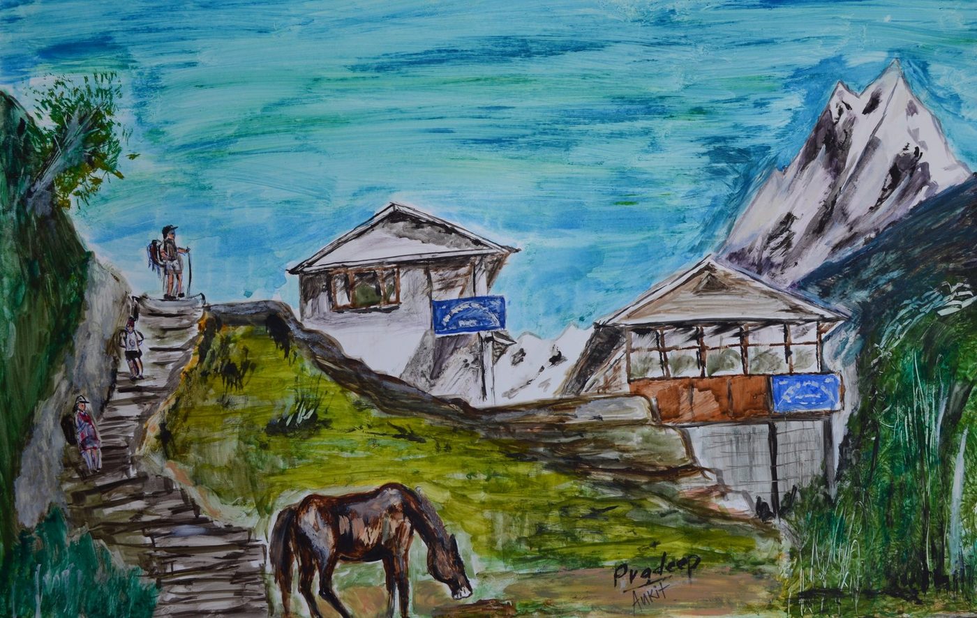 A Brief Stop at Annapurna Base Camp — original painting by Pradeep Gautam, The Nepal Series