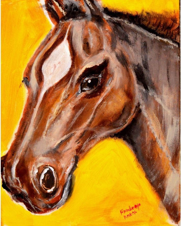 Brown Horse Head — original painting by Pradeep Gautam, Horses & Animals
