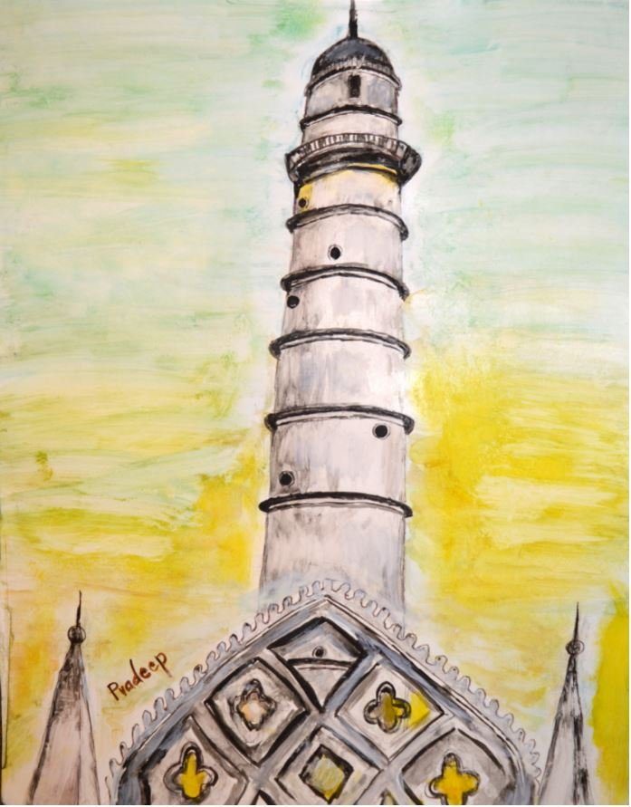 Dharahara, Kathmandu — original painting by Pradeep Gautam, The Nepal Series