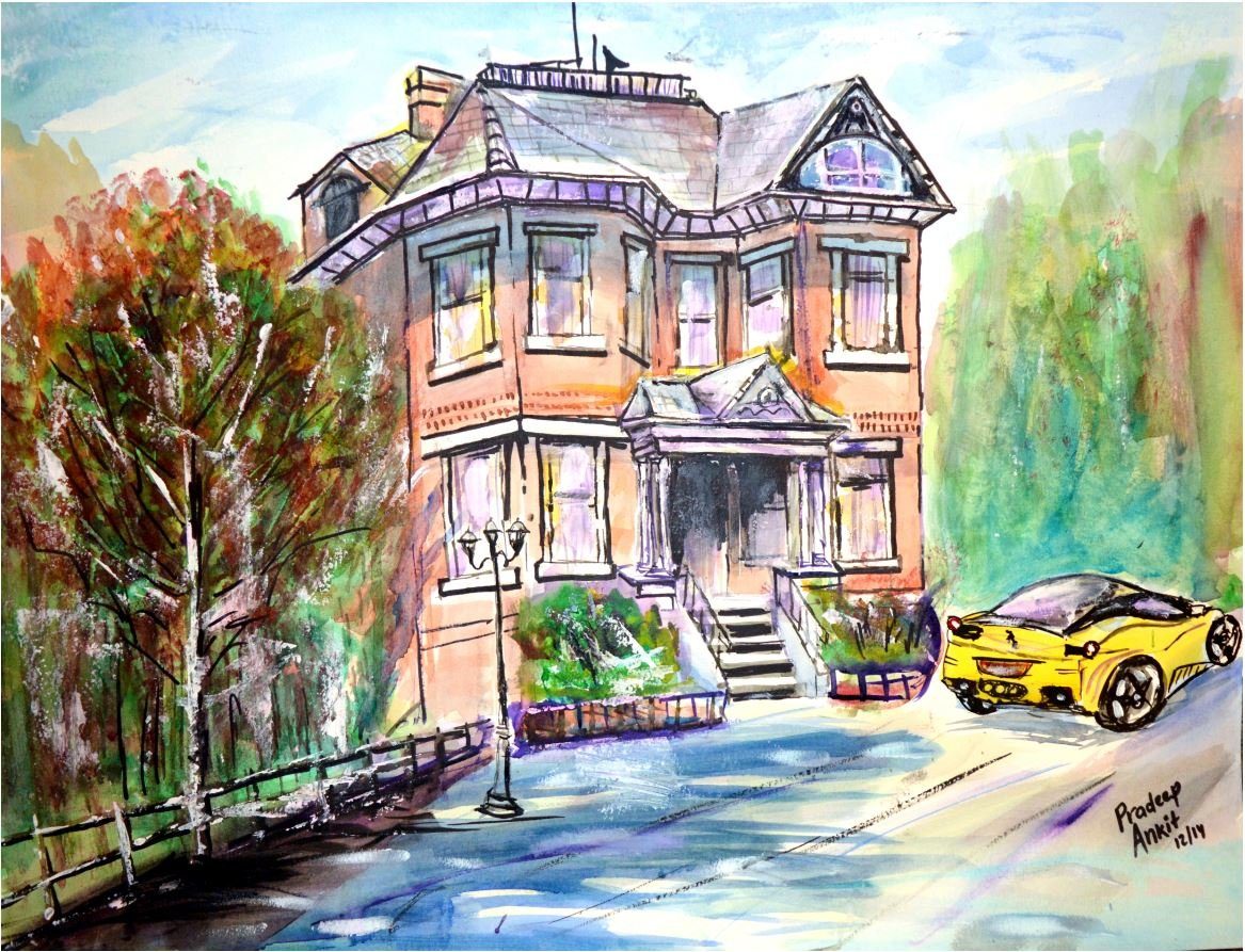 Dream House and Ferrari Car — original painting by Pradeep Gautam, Landscapes