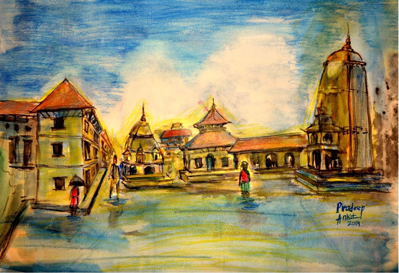 Bhaktapur Durbar Square, Nepal — original watercolor painting by Pradeep Gautam, painted before the 2015 earthquake