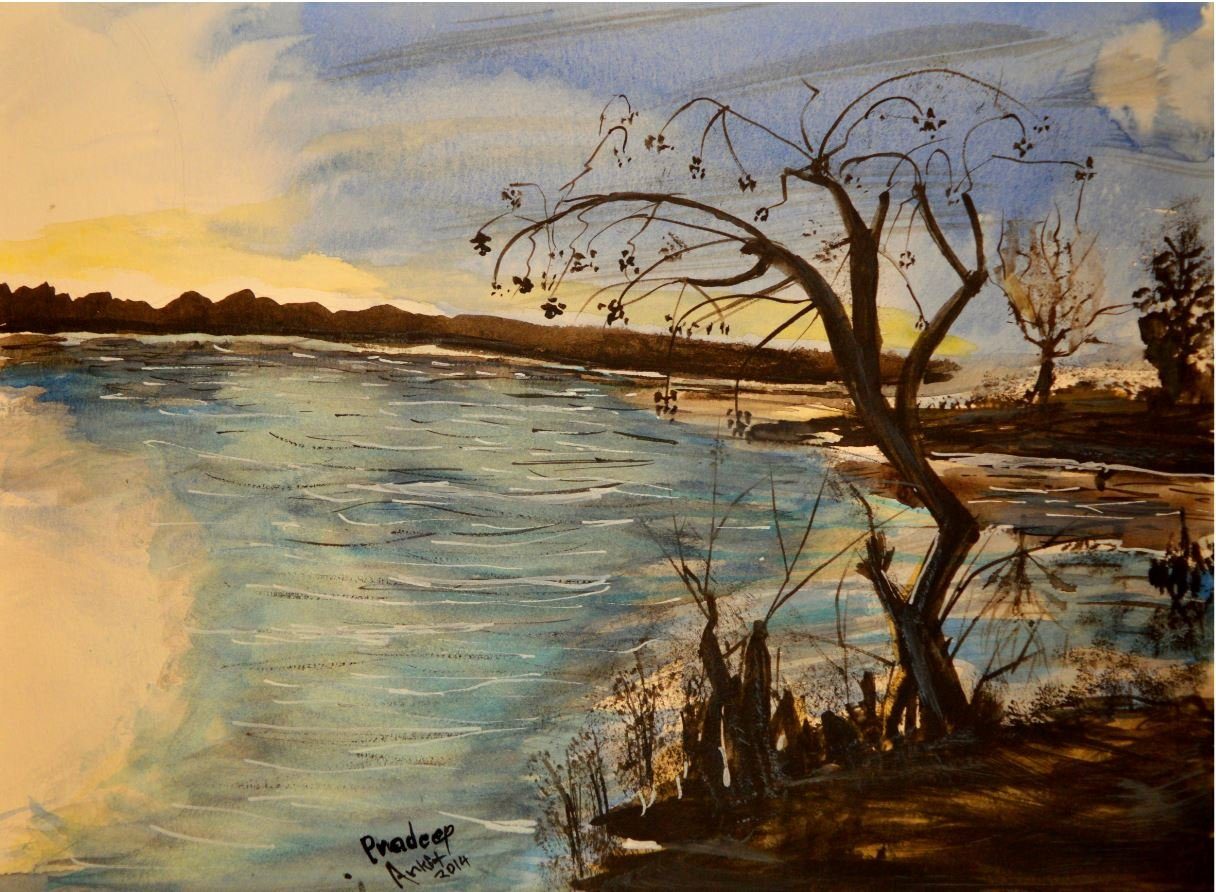 Dusk View of Lake — original painting by Pradeep Gautam, Landscapes