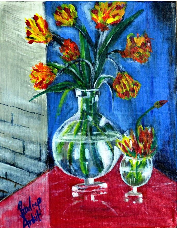 Flower Glass Vase — original painting by Pradeep Gautam, Abstract & Still Life