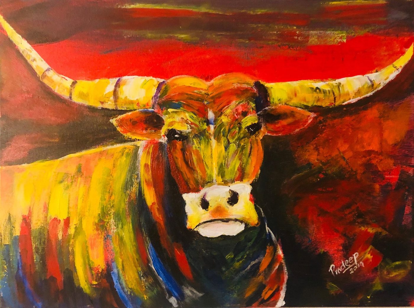 Longhorn — original painting by Pradeep Gautam, Horses & Animals