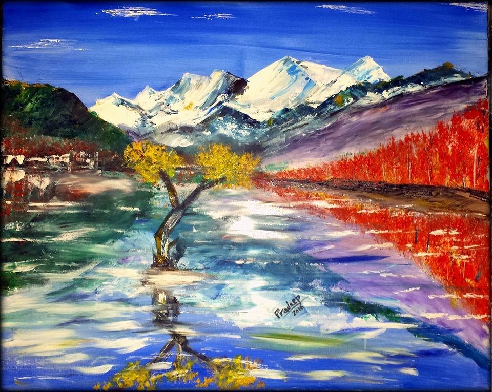 Mountains, Lake and Trees — original painting by Pradeep Gautam, Landscapes