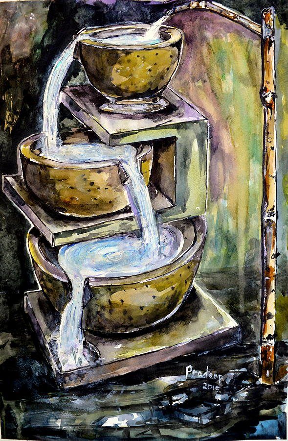 Natural Fountain and Bamboo Faucet — original painting by Pradeep Gautam, The Nepal Series