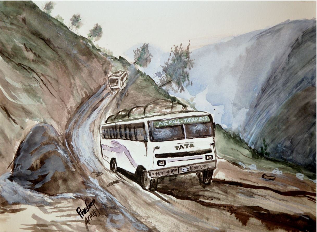 Nepal Bus — original painting by Pradeep Gautam, The Nepal Series