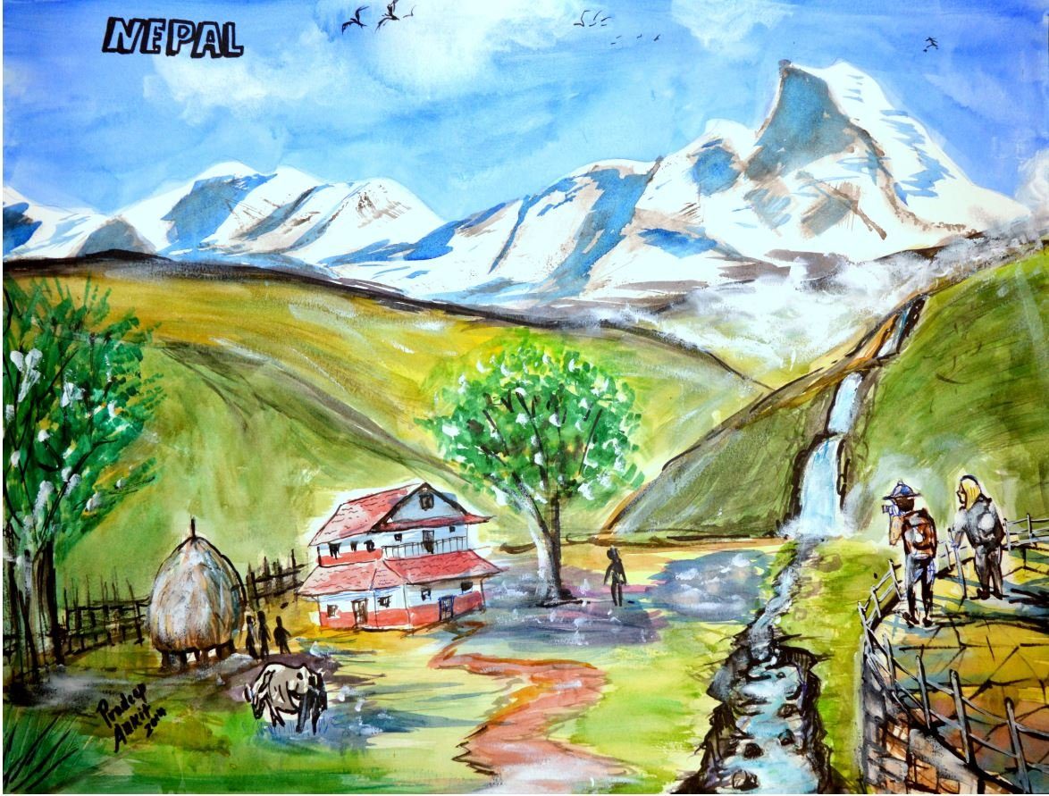 Nepal Tourist Himal — original painting by Pradeep Gautam, The Nepal Series