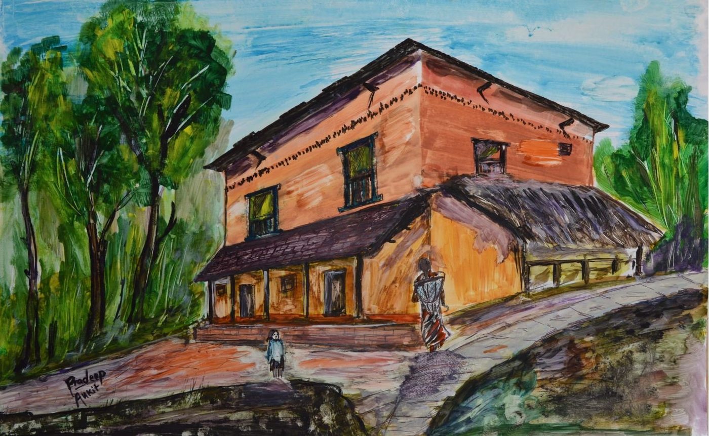 Nepali Rural Lifestyle — original painting by Pradeep Gautam, The Nepal Series