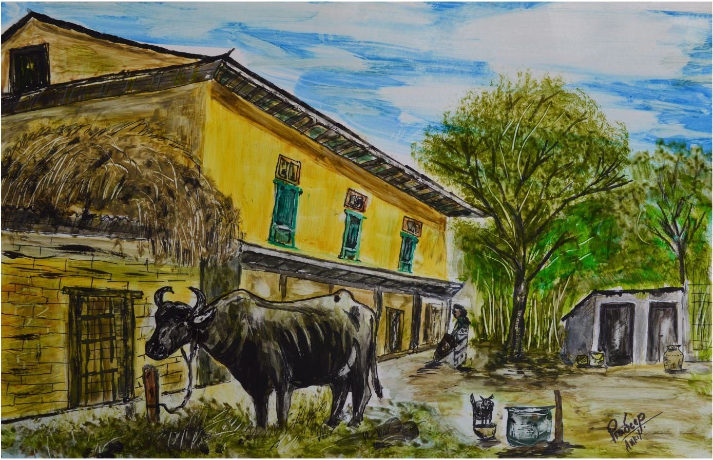 Nepali Village Life — original painting by Pradeep Gautam, The Nepal Series
