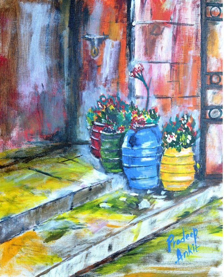 Next to the Door — Flower Vase — original painting by Pradeep Gautam, Abstract & Still Life