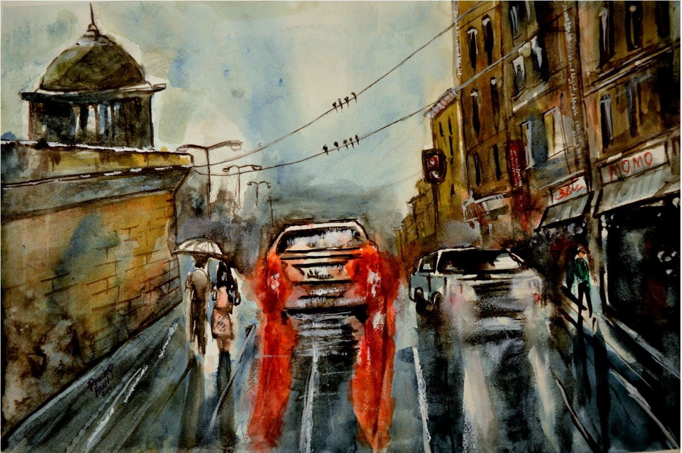 Rainy Day, Kathmandu — original painting by Pradeep Gautam, The Nepal Series