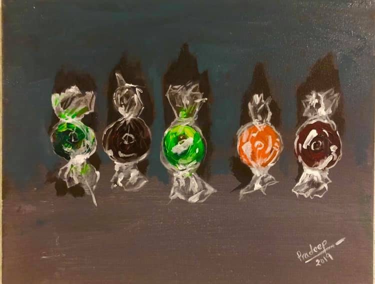 Toffees — original painting by Pradeep Gautam, Abstract & Still Life