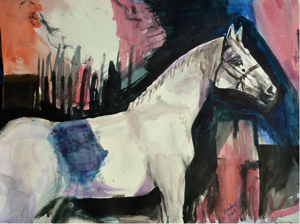 White Horse — original painting by Pradeep Gautam, Horses & Animals